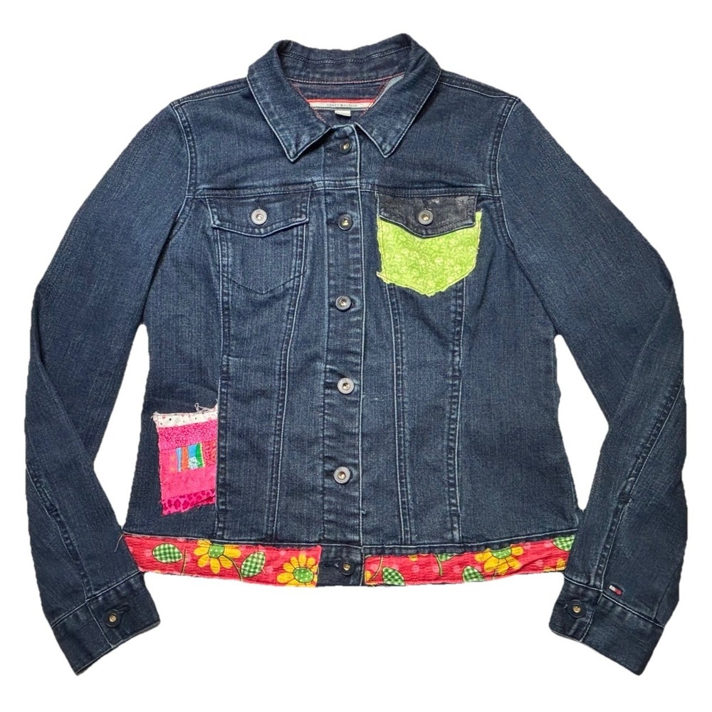 Tommy‎ Hilfiger Youth Denim Jacket Custom Patchwork Trucker Girls M